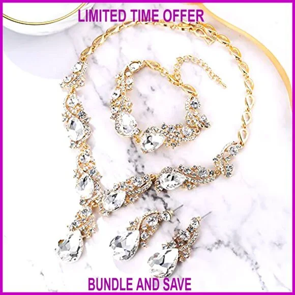 Multi Teardrop Crystal Statement Necklace Earrings Bracelet Set